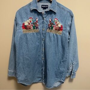 Xquizzit Vintage 80s Christmas Cat Embroidered Button Denim Short Women’s Small